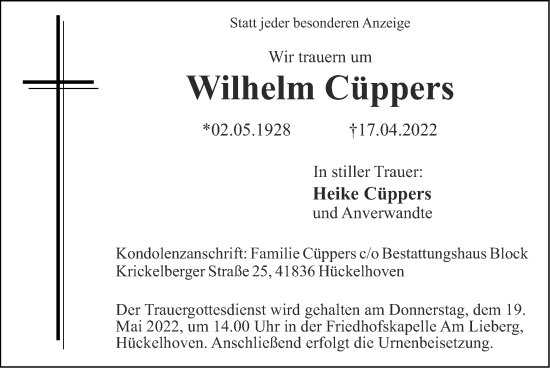 Traueranzeige von Wilhelm Cüppers von Zeitung am Sonntag