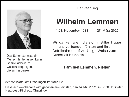 Traueranzeige von Wilhelm Lemmen von Zeitung am Sonntag