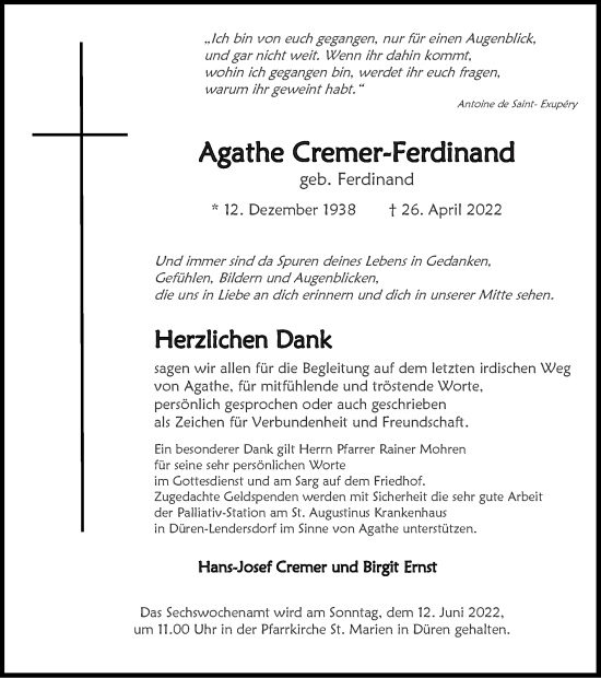 Traueranzeige von Agathe Cremer-Ferdinand von Zeitung am Sonntag