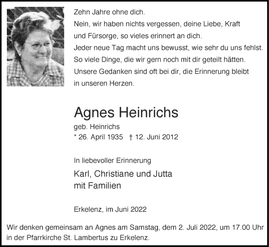 Traueranzeige von Agnes Heinrichs von Zeitung am Sonntag