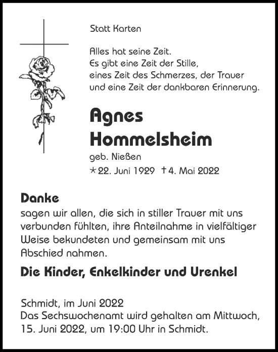 Traueranzeige von Agnes Hommelsheim von Zeitung am Sonntag