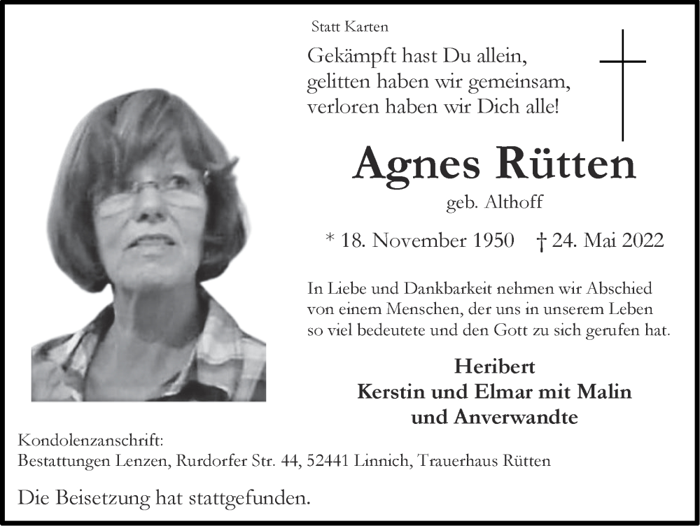  Traueranzeige für Agnes Rütten vom 12.06.2022 aus Zeitung am Sonntag