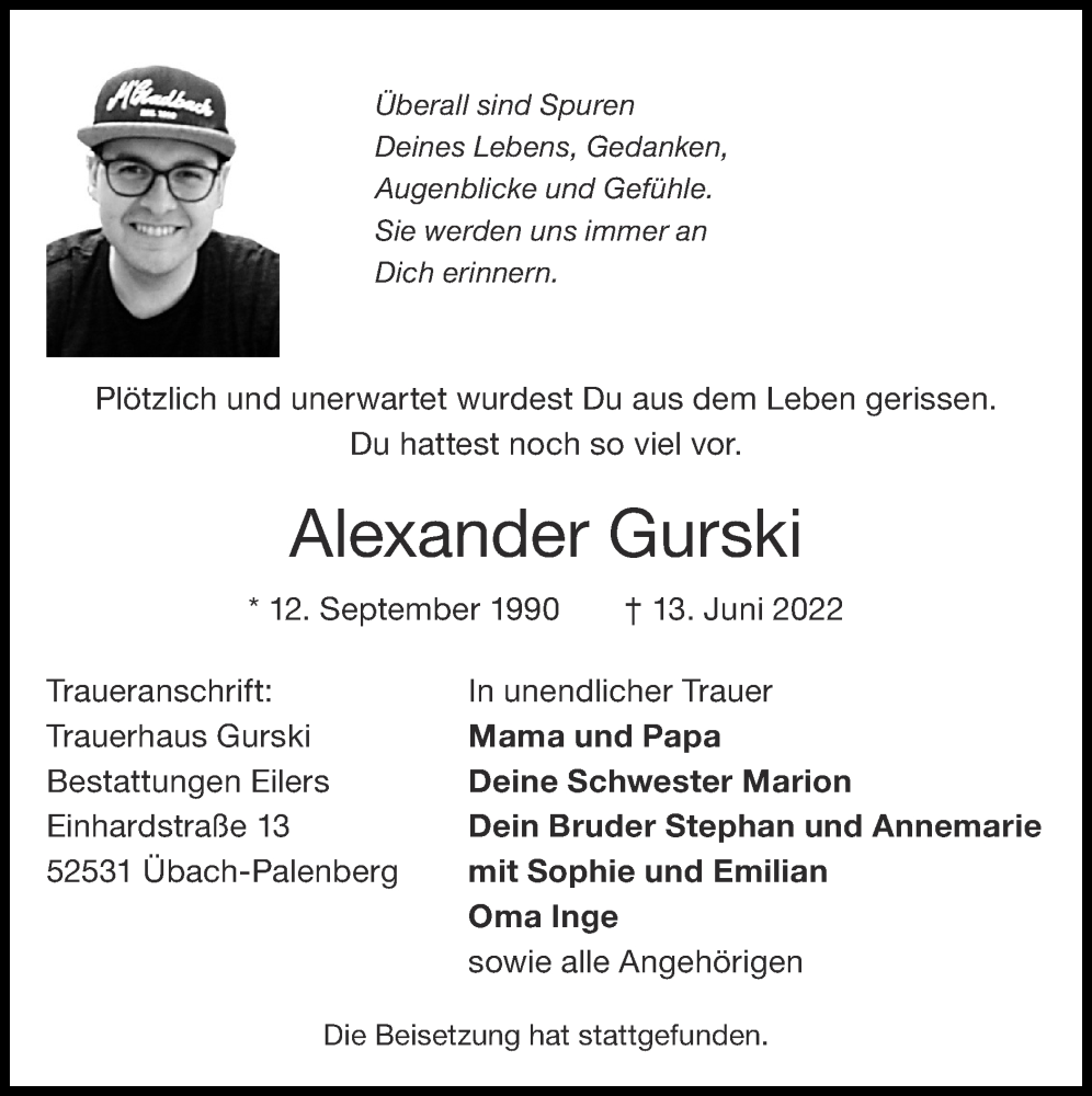  Traueranzeige für Alexander Gurski vom 26.06.2022 aus Zeitung am Sonntag