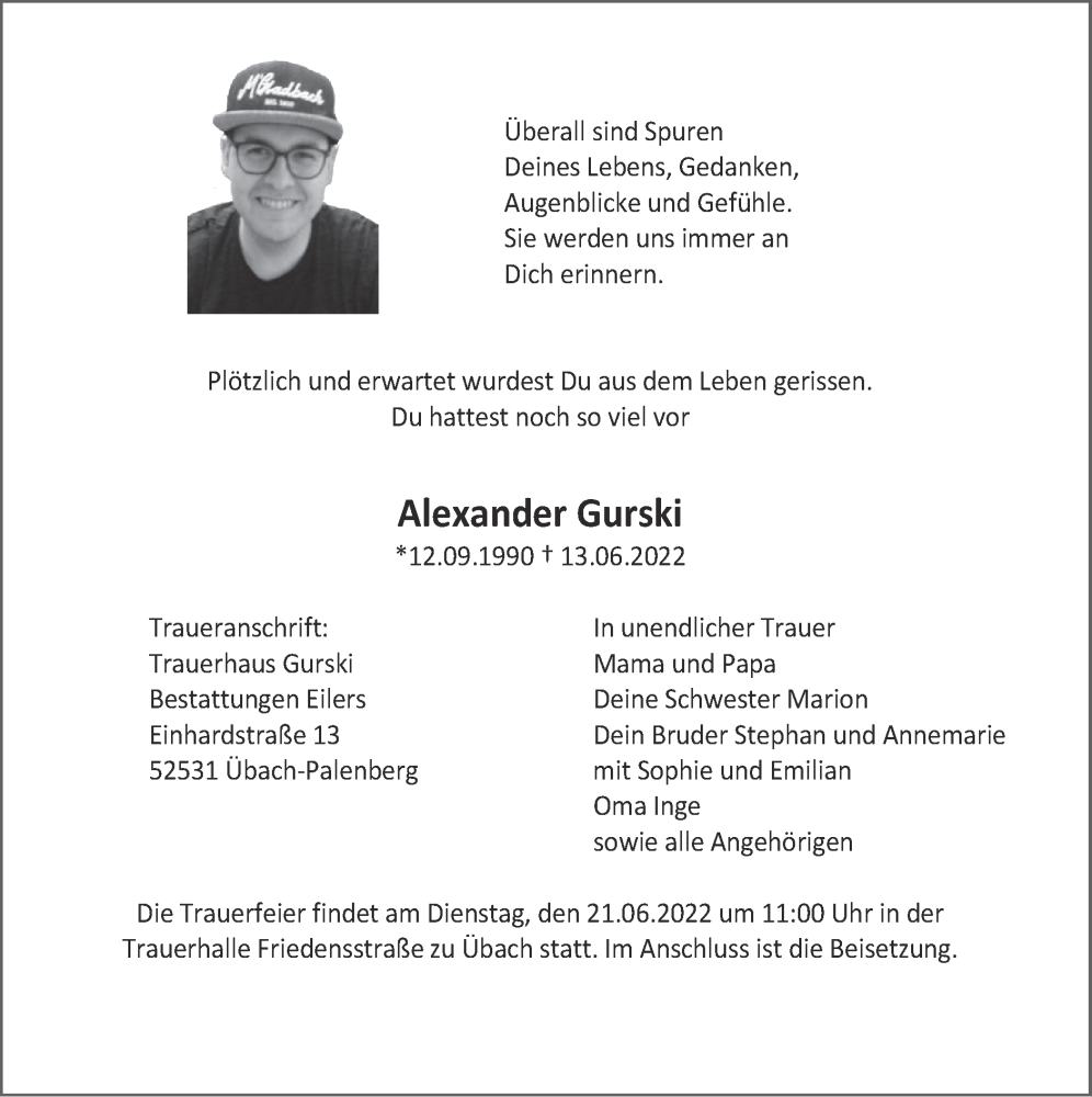  Traueranzeige für Alexander Gurski vom 19.06.2022 aus Zeitung am Sonntag
