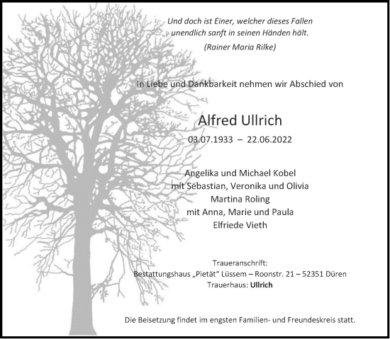 Traueranzeige von Alfred Ullrich von Aachener Zeitung / Aachener Nachrichten
