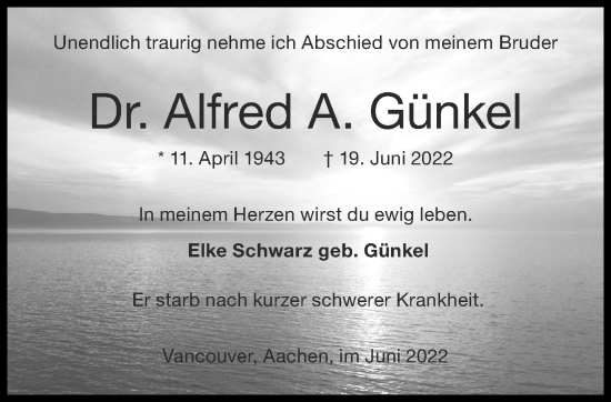 Traueranzeige von Alfred A. Günkel von Aachener Zeitung / Aachener Nachrichten