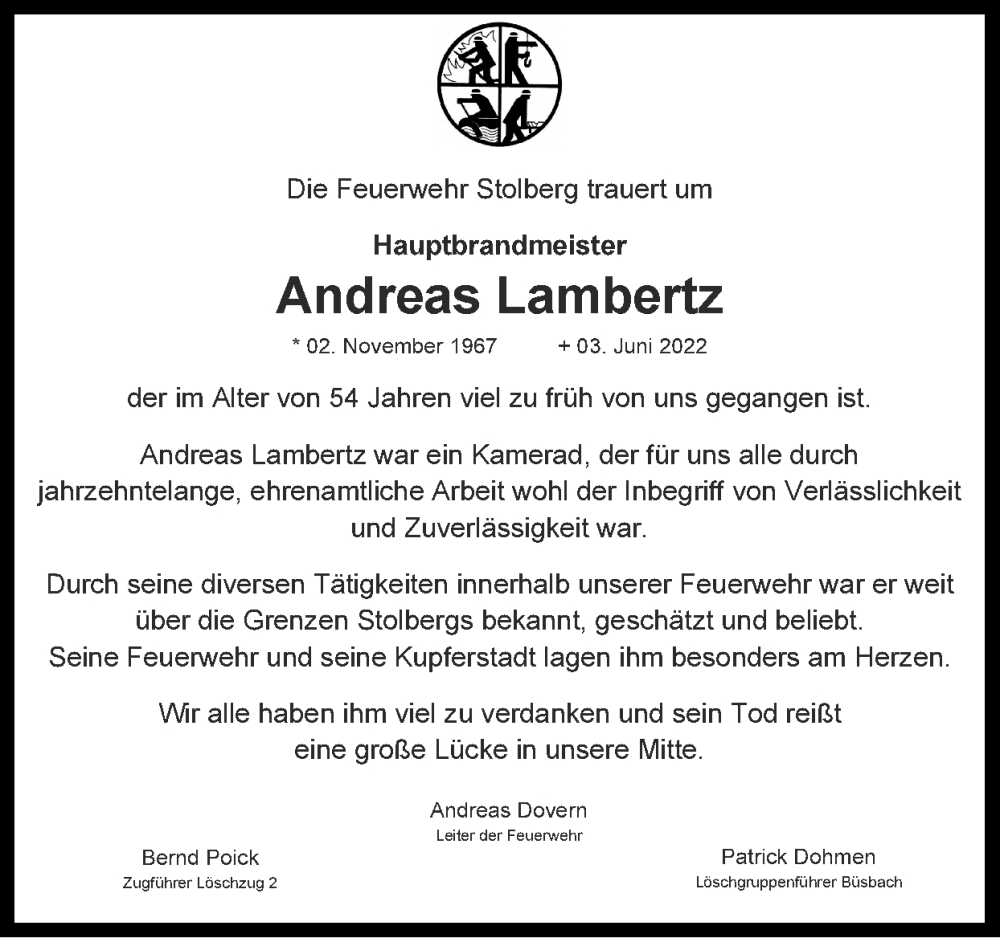  Traueranzeige für Andreas Lambertz vom 12.06.2022 aus Zeitung am Sonntag