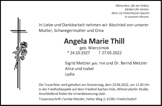 Traueranzeige von Angela Marie Thill von Aachener Zeitung / Aachener Nachrichten