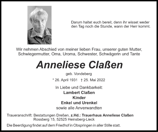Traueranzeige von Anneliese Claßen von Zeitung am Sonntag