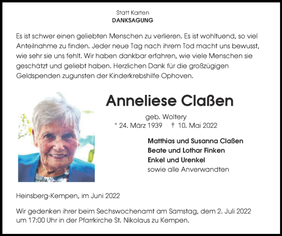 Traueranzeige von Anneliese Claßen von Zeitung am Sonntag