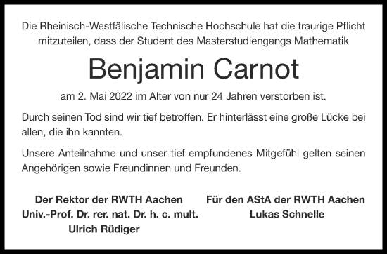 Traueranzeige von Benjamin Carnot von Aachener Zeitung / Aachener Nachrichten