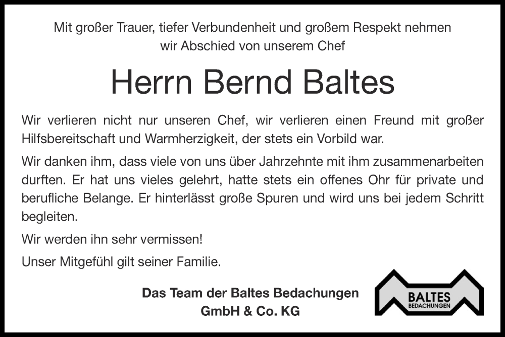  Traueranzeige für Bernd Baltes vom 26.06.2022 aus Zeitung am Sonntag