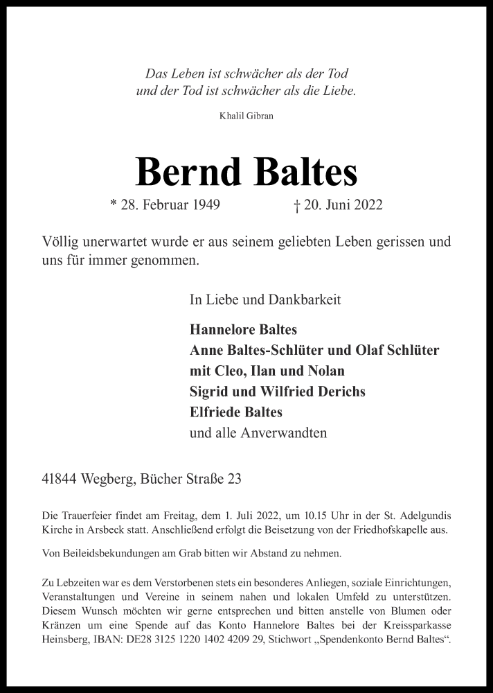  Traueranzeige für Bernd Baltes vom 26.06.2022 aus Zeitung am Sonntag