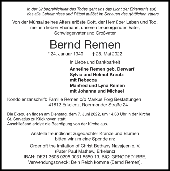 Traueranzeige von Bernd Remen von Zeitung am Sonntag