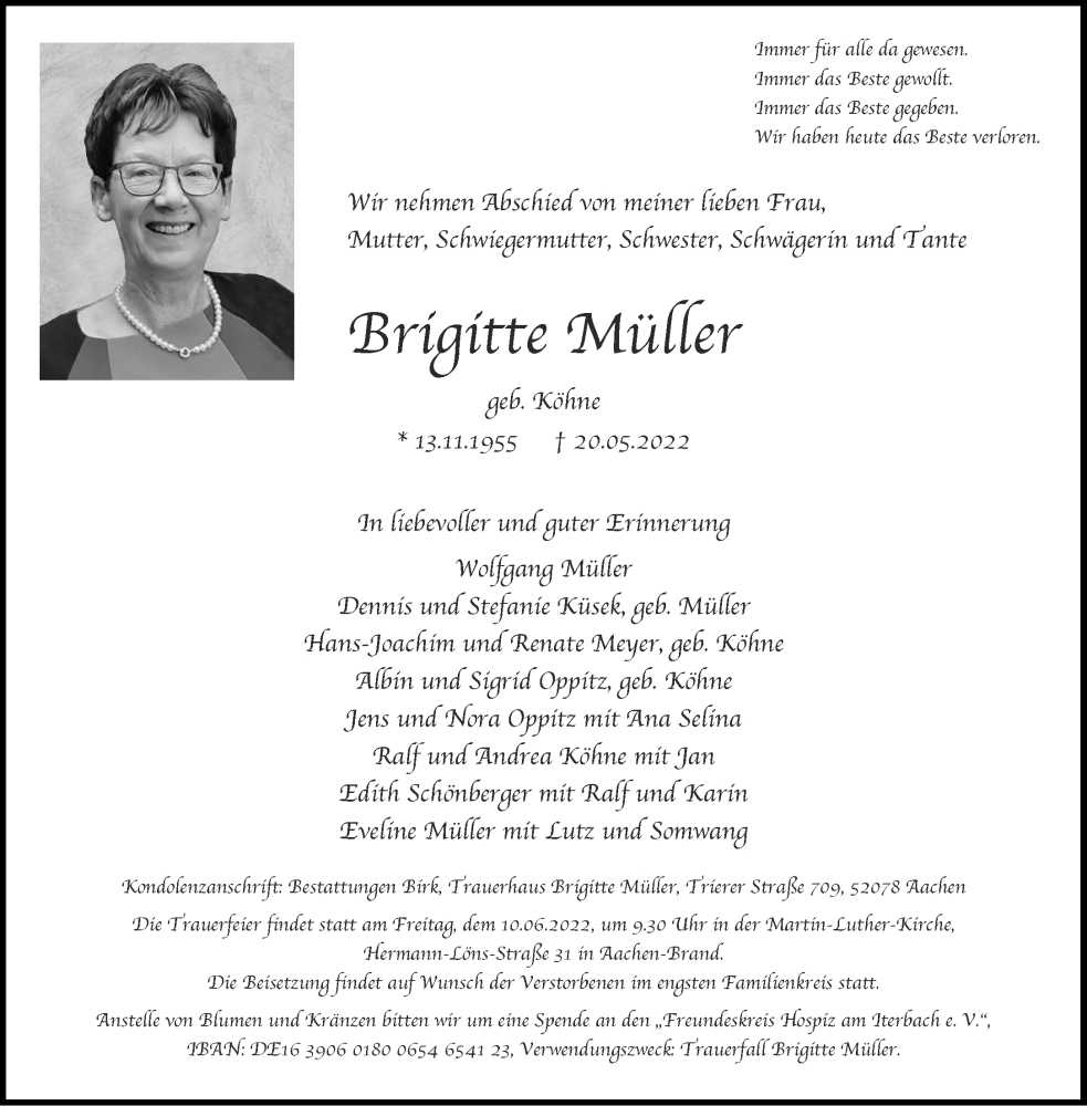  Traueranzeige für Brigitte Müller vom 04.06.2022 aus Aachener Zeitung / Aachener Nachrichten