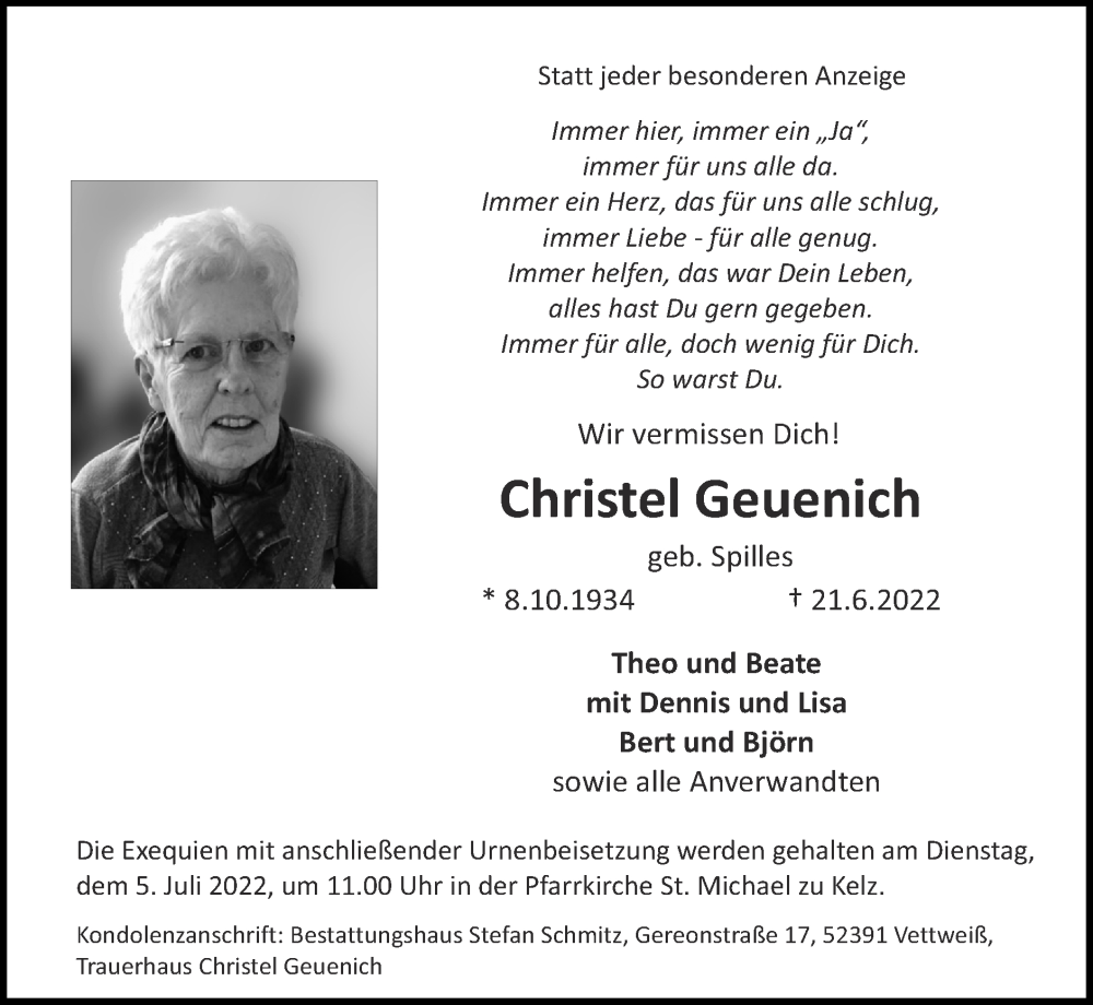 Traueranzeigen von Christel Geuenich | Aachen gedenkt
