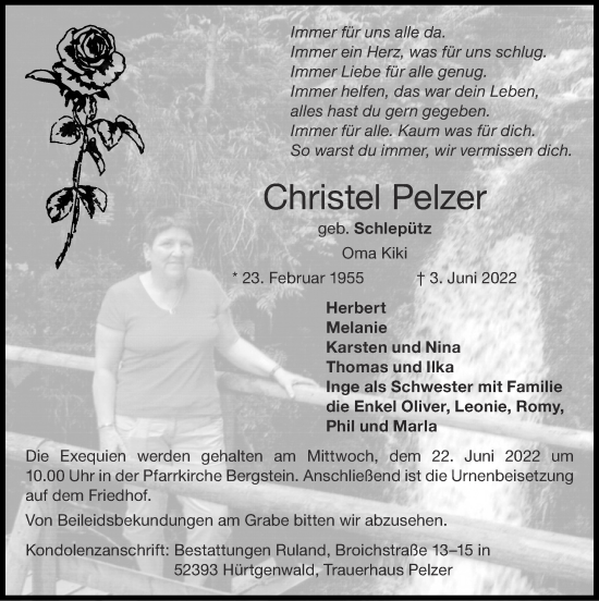 Traueranzeige von Christel Pelzer von Zeitung am Sonntag