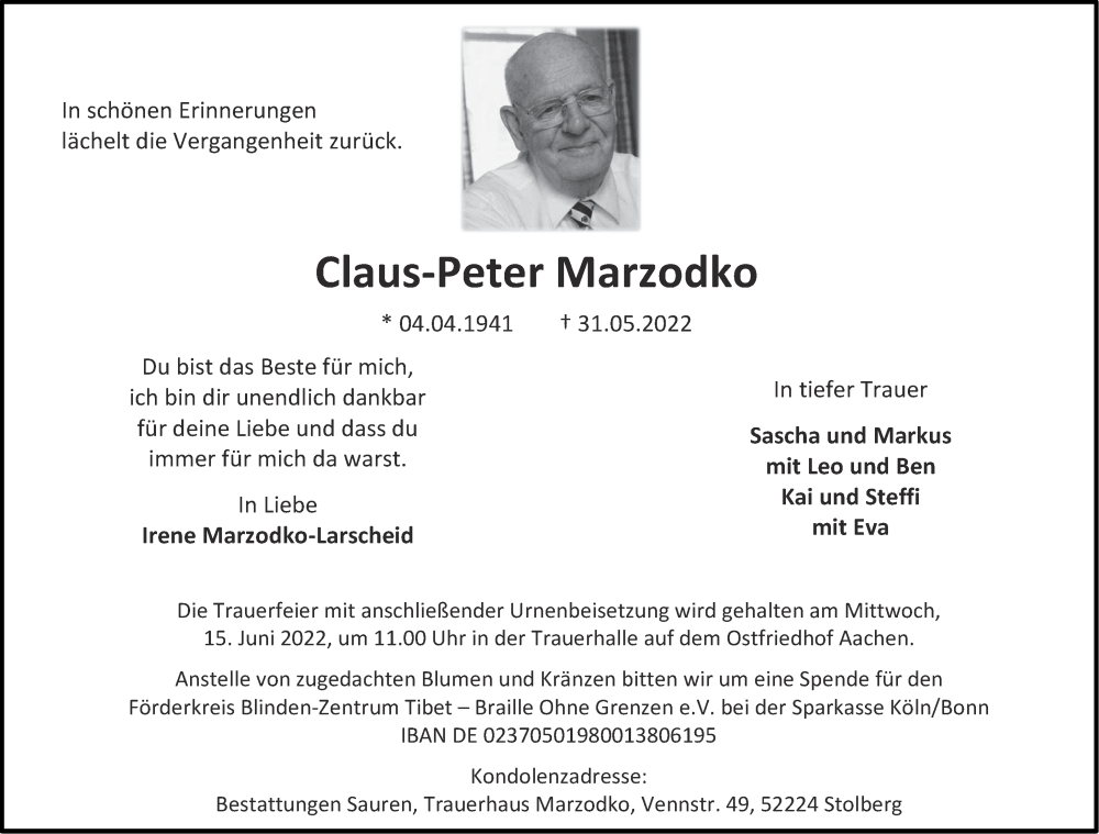  Traueranzeige für Claus-Peter Marzodko vom 11.06.2022 aus Aachener Zeitung / Aachener Nachrichten