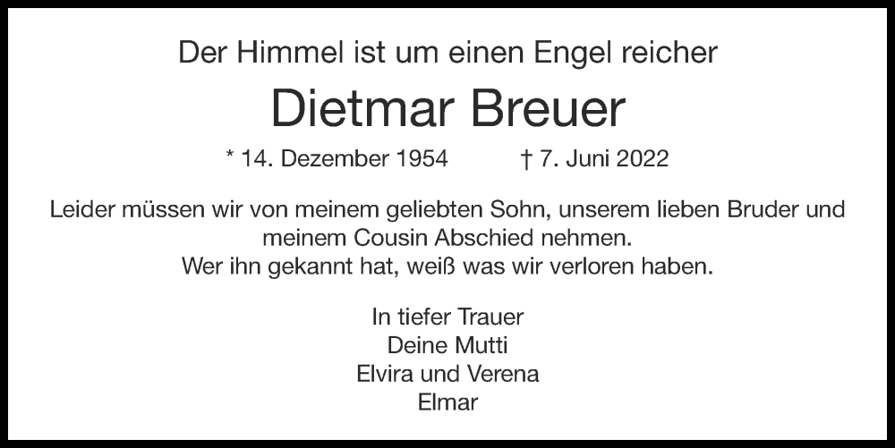  Traueranzeige für Dietmar Breuer vom 12.06.2022 aus Zeitung am Sonntag