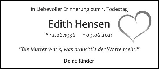 Traueranzeige von Edith Hensen von Zeitung am Sonntag