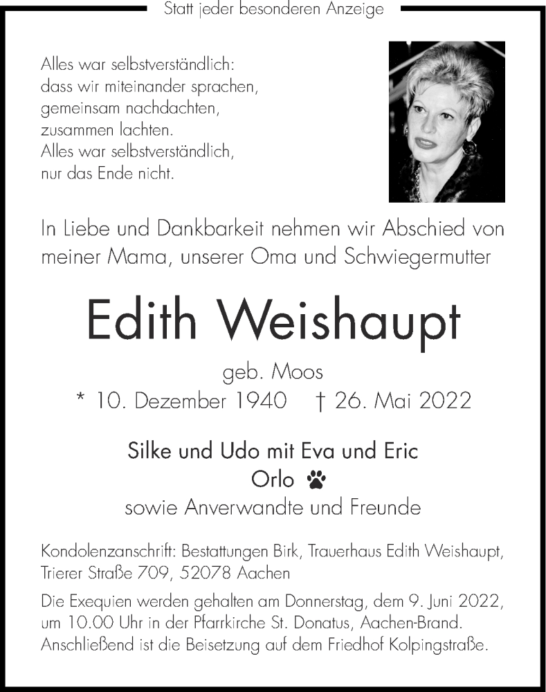  Traueranzeige für Edith Weishaupt vom 05.06.2022 aus Zeitung am Sonntag