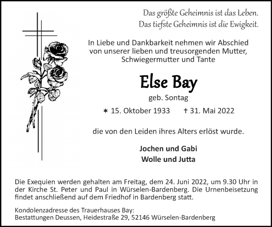 Traueranzeige von Else Bay von Zeitung am Sonntag