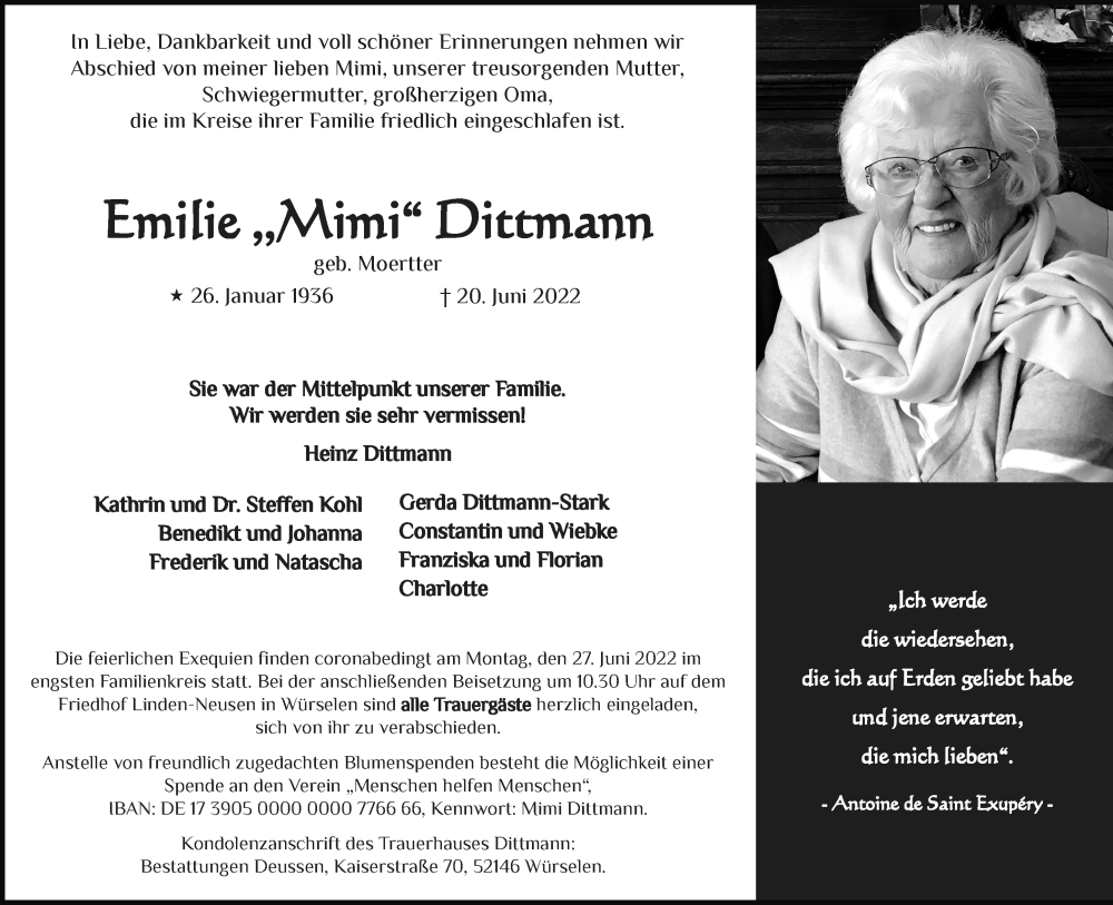  Traueranzeige für Emilie Dittmann vom 25.06.2022 aus Aachener Zeitung / Aachener Nachrichten