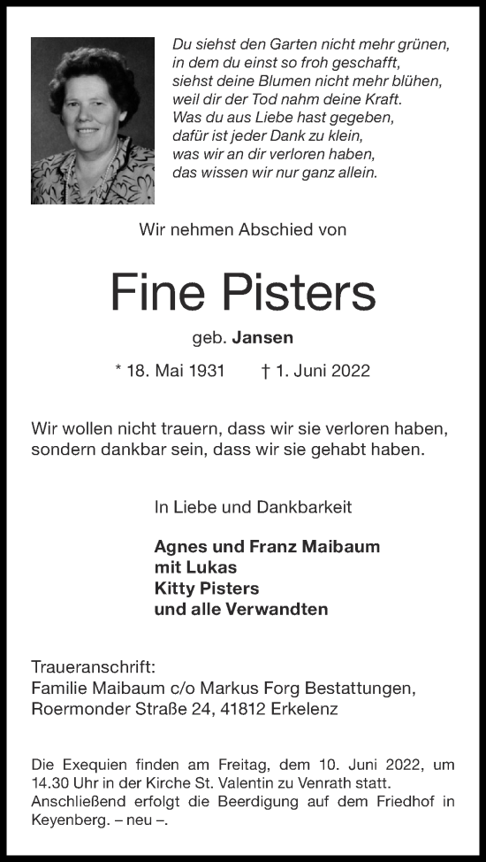 Traueranzeige von Fine Pisters von Zeitung am Sonntag