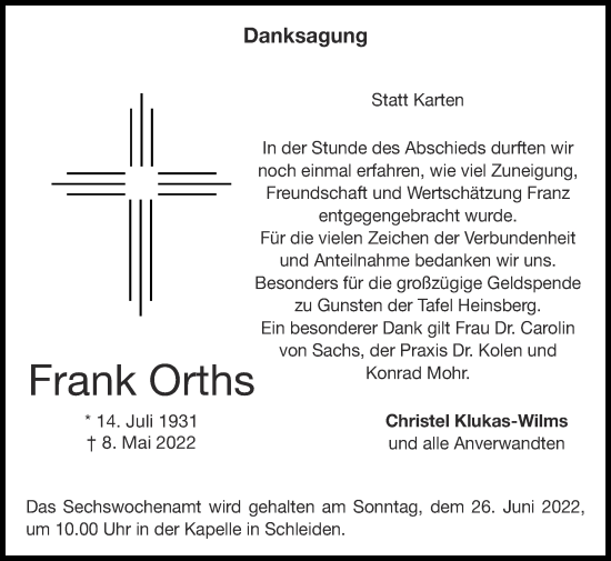 Traueranzeige von Frank Orths von Zeitung am Sonntag