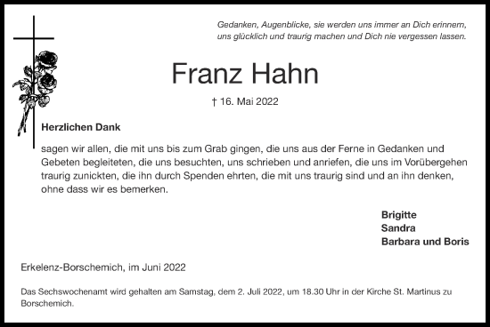 Traueranzeige von Franz Hahn von Zeitung am Sonntag