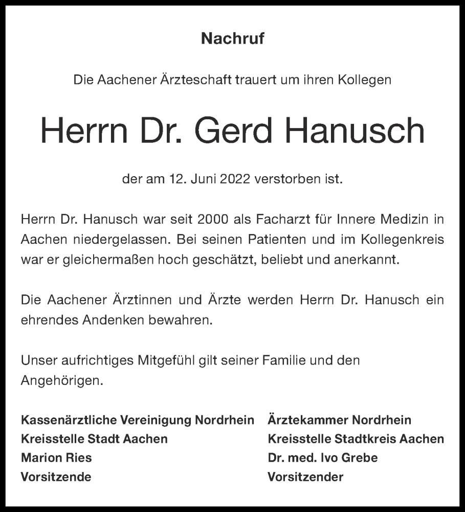  Traueranzeige für Gerd Hanusch vom 18.06.2022 aus Aachener Zeitung / Aachener Nachrichten