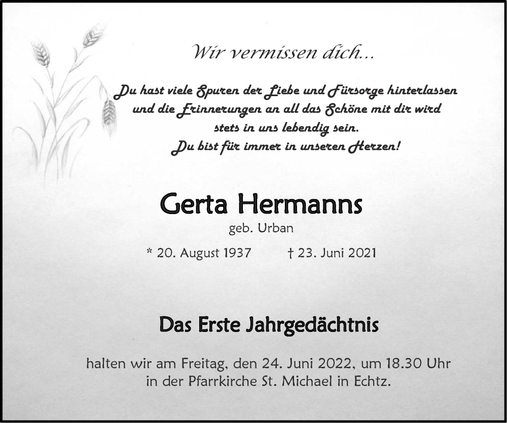  Traueranzeige für Gerta Hermanns vom 19.06.2022 aus Zeitung am Sonntag