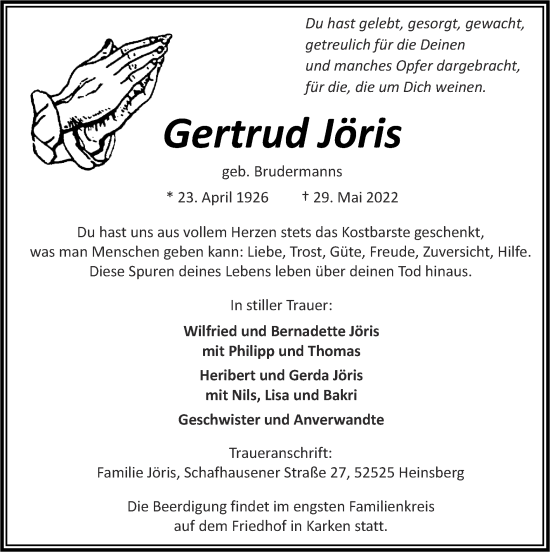 Traueranzeige von Gertrud Jöris von Zeitung am Sonntag