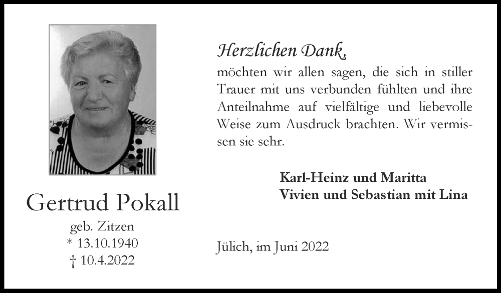  Traueranzeige für Gertrud Pokall vom 05.06.2022 aus Zeitung am Sonntag