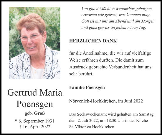 Traueranzeige von Gertrud Maria Poensgen von Zeitung am Sonntag