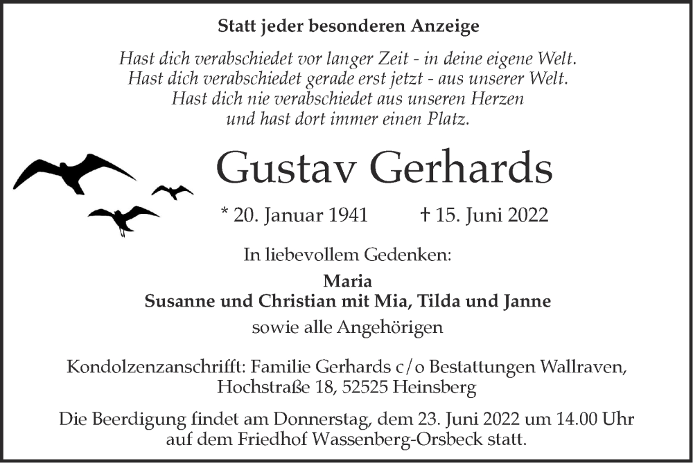  Traueranzeige für Gustav Gerhards vom 19.06.2022 aus Zeitung am Sonntag