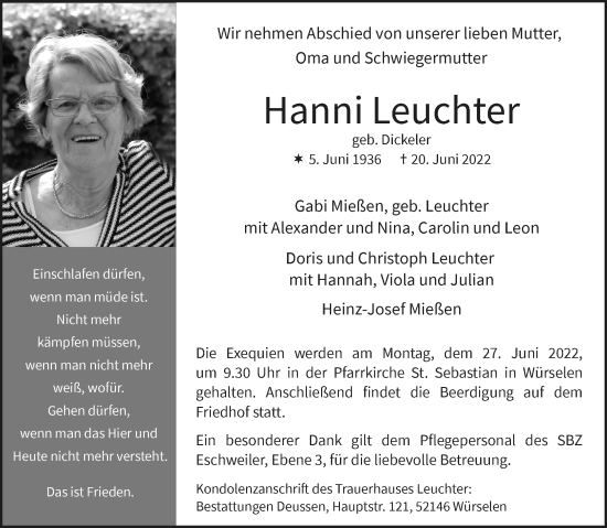 Traueranzeige von Hanni Leuchter von Aachener Zeitung / Aachener Nachrichten