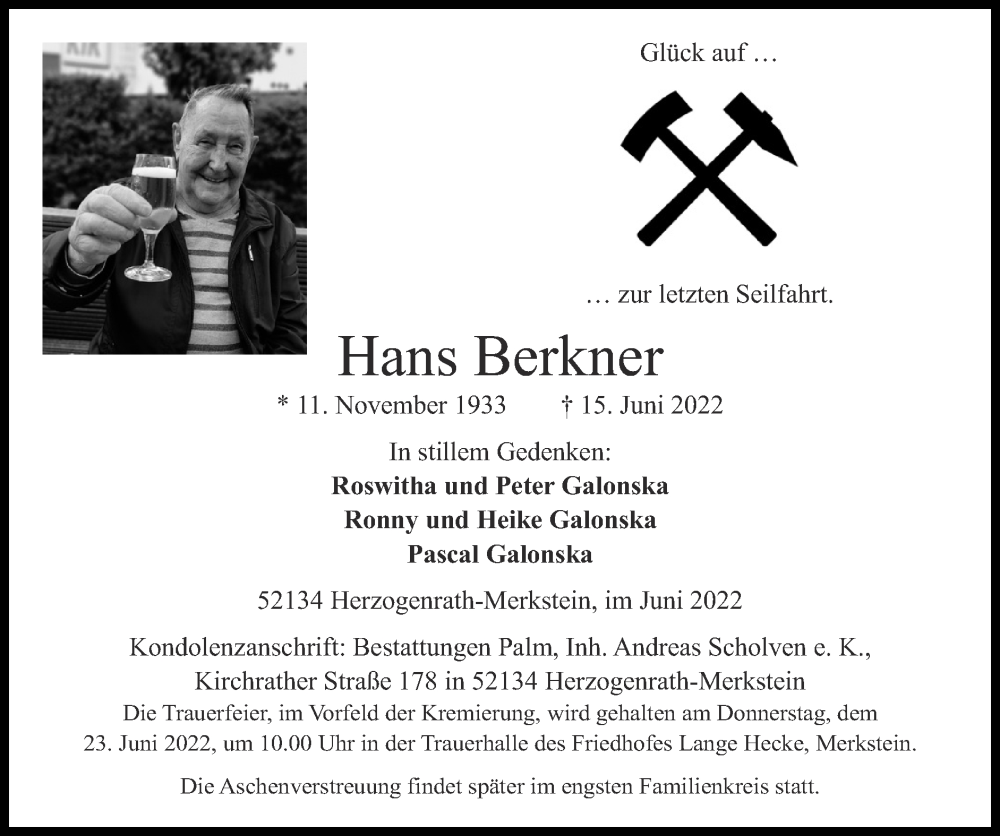  Traueranzeige für Hans Berkner vom 19.06.2022 aus Zeitung am Sonntag