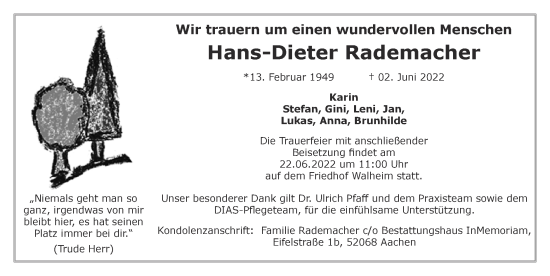 Traueranzeige von Hans-Dieter Rademacher von Zeitung am Sonntag