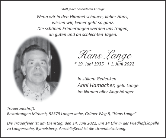 Traueranzeige von Hans Lange von Zeitung am Sonntag