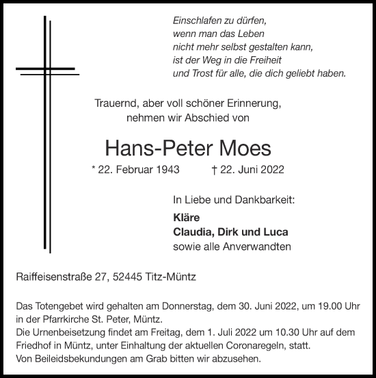 Traueranzeige von Hans-Peter Moes von Zeitung am Sonntag