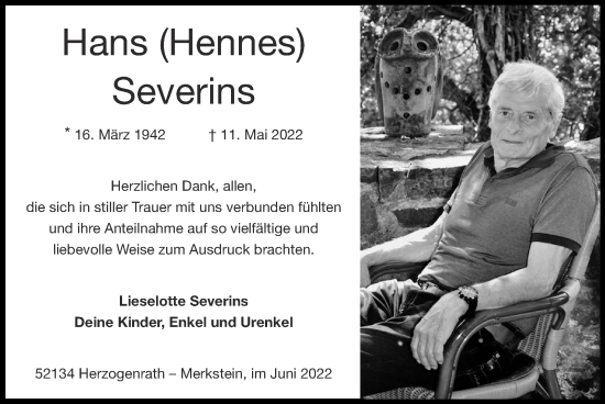 Traueranzeige von Hans Severins von Zeitung am Sonntag