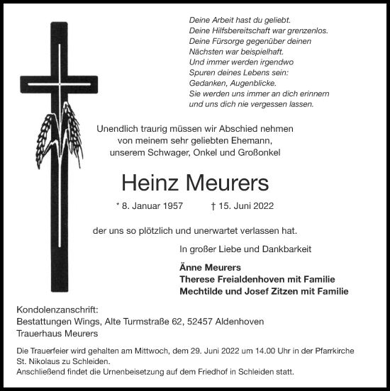 Traueranzeige von Heinz Meurers von Zeitung am Sonntag