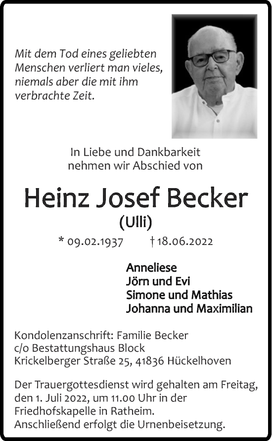 Traueranzeige von Heinz Josef Becker von Zeitung am Sonntag