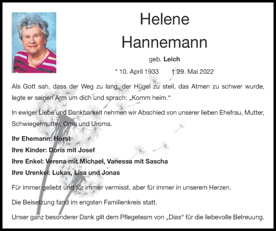 Traueranzeige von Helene Hannemann von Zeitung am Sonntag