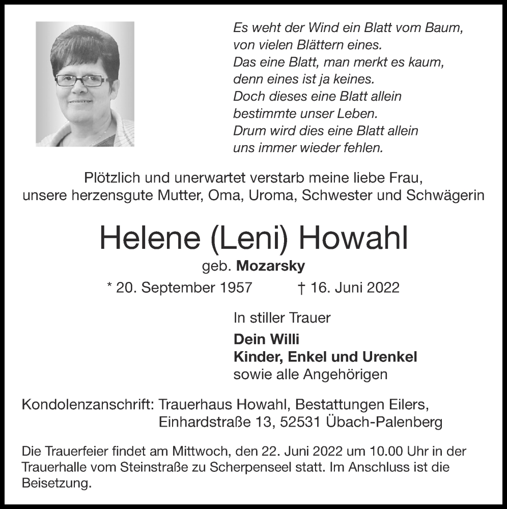 Traueranzeige für Helene Howahl vom 19.06.2022 aus Zeitung am Sonntag