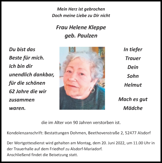 Traueranzeige von Helene Kleppe von Zeitung am Sonntag