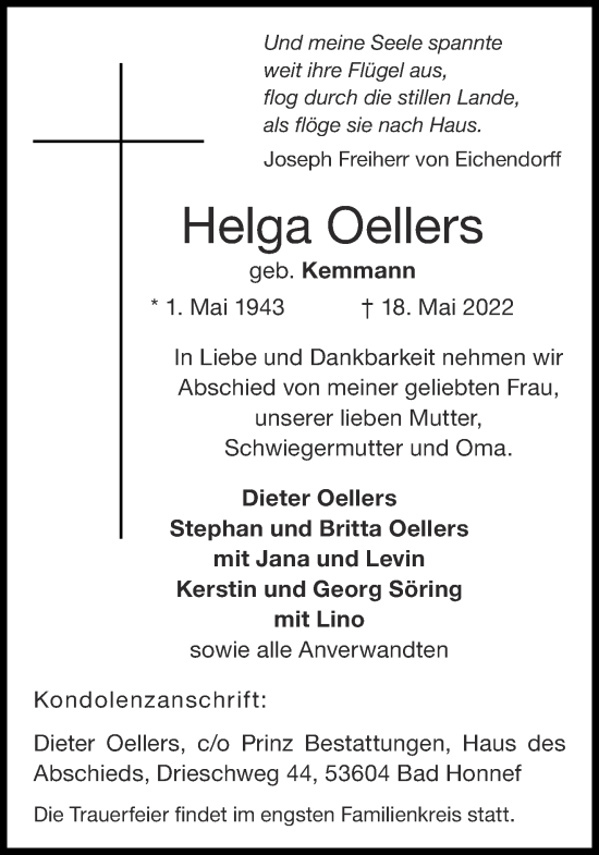 Traueranzeige von Helga Oellers von Aachener Zeitung / Aachener Nachrichten
