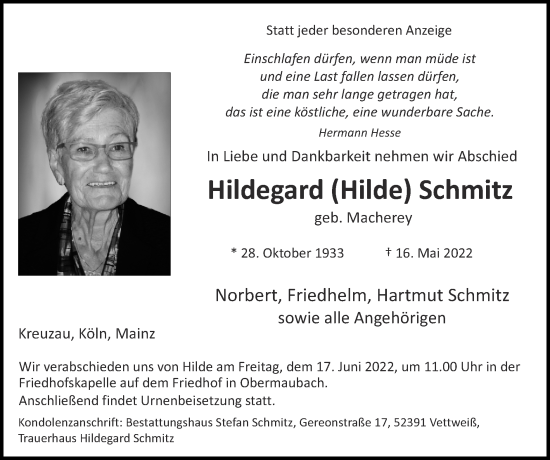 Traueranzeige von Hildegard Schmitz von Zeitung am Sonntag