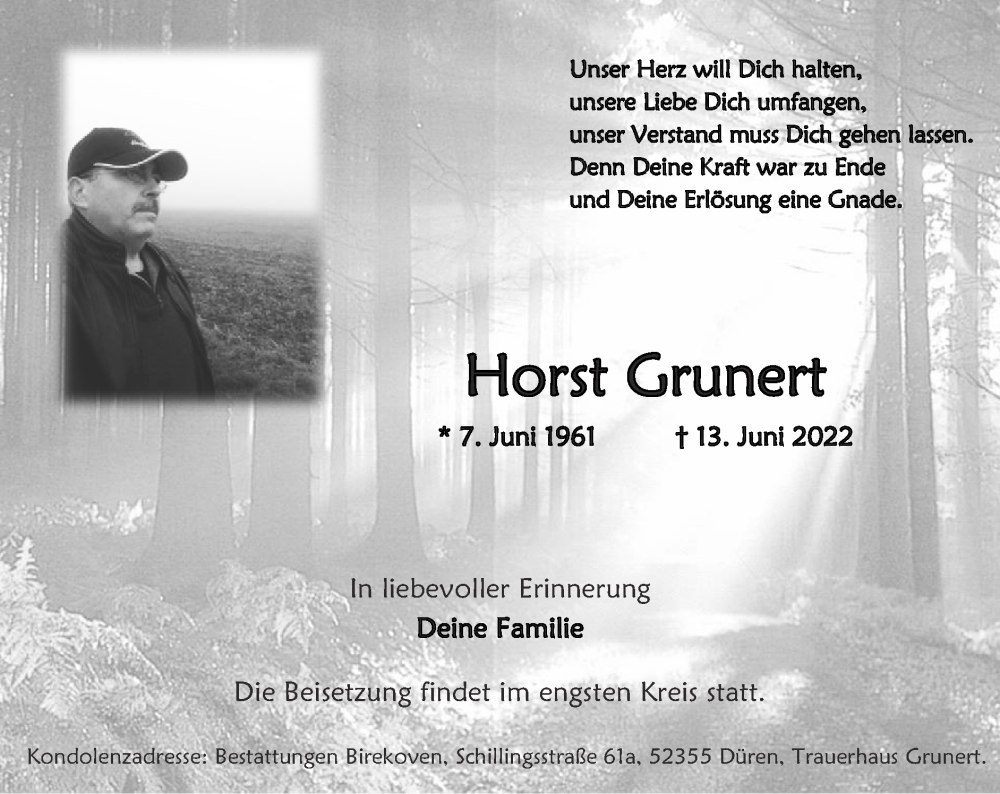  Traueranzeige für Horst Grunert vom 26.06.2022 aus Zeitung am Sonntag
